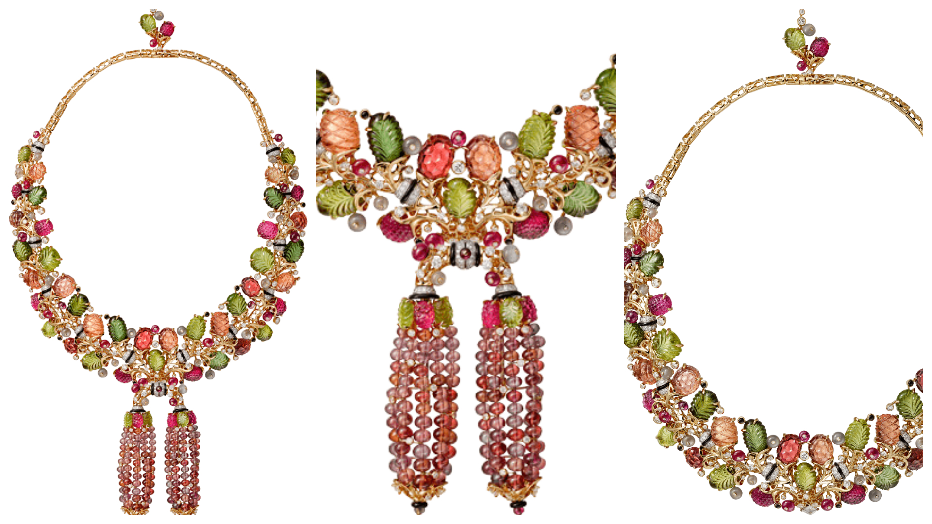 Cartier Éclosion雕刻寶石項鍊與胸針轉換式珠寶，吊墜可作胸針配戴，NT49,900,000。