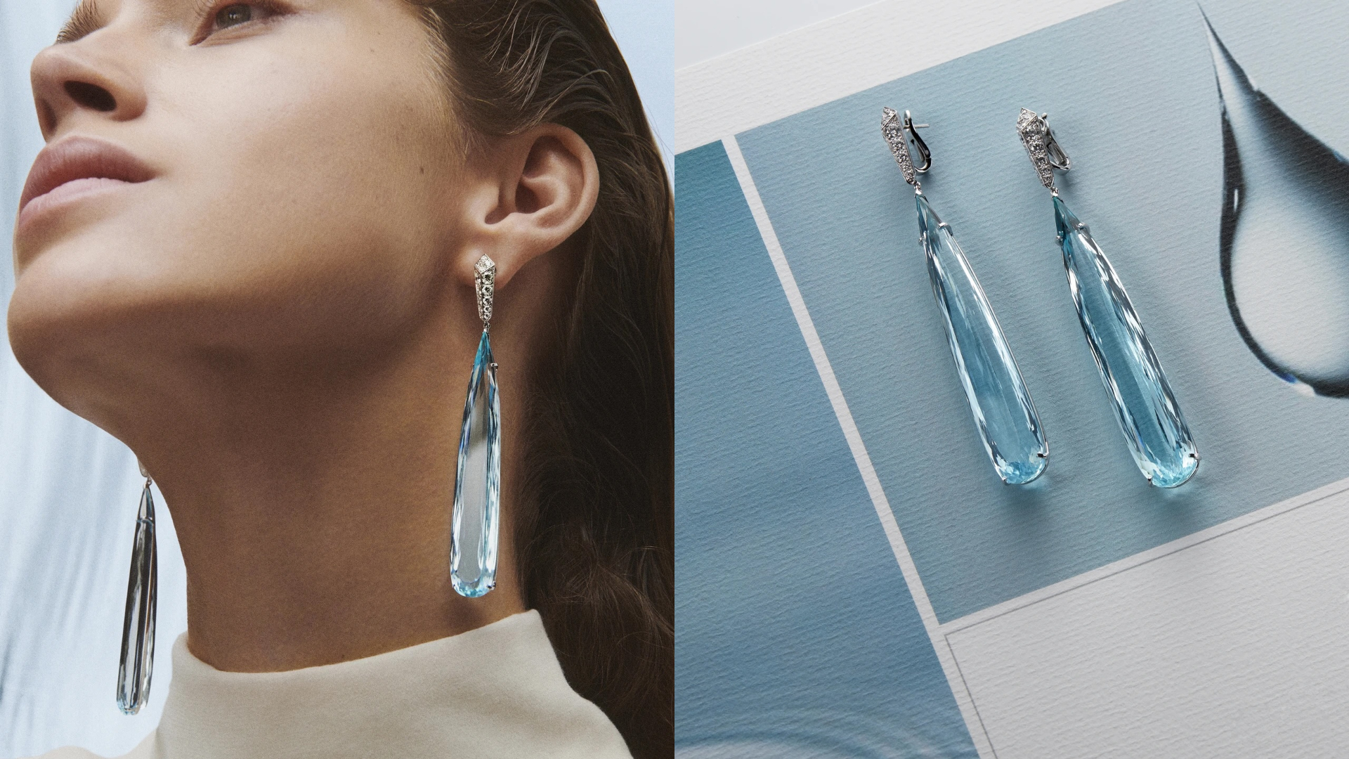 Boucheron 2020高級珠寶Contemplation系列，Bleu Infini主題吊墜耳環，靈感源於雨水和雨絲，主石為各近70克拉的海水藍寶。